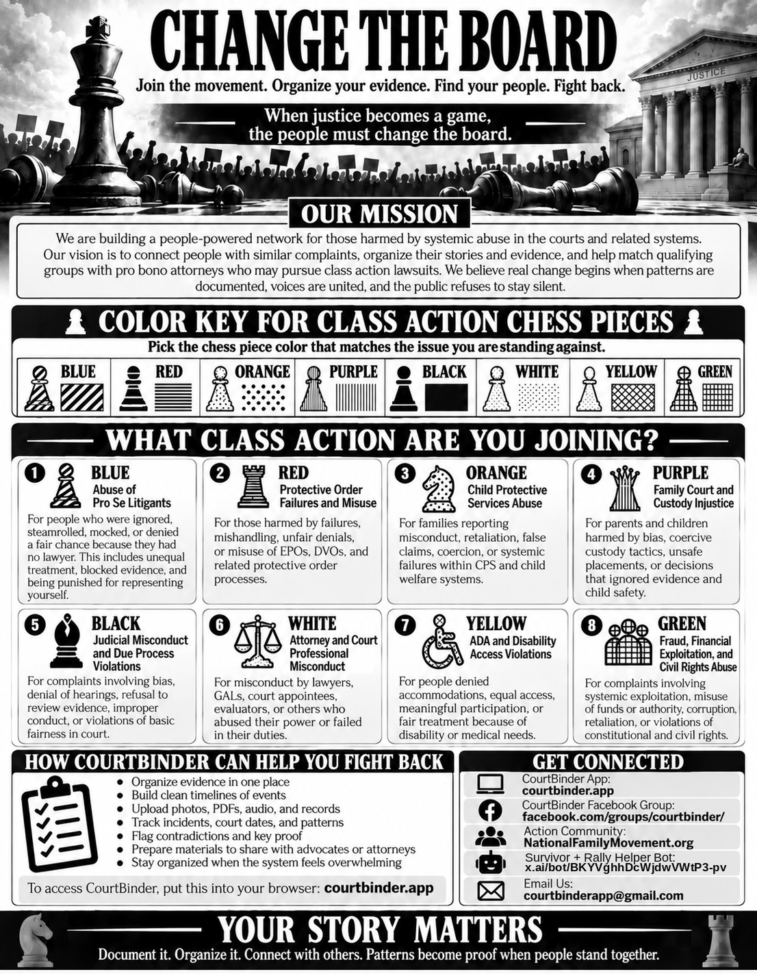 Change the Board flyer in a black and white chess theme. It explains the movement's mission, a color key of chess pieces for eight kinds of court and agency issues, how the CourtBinder app helps organize evidence, and ways to get connected, including courtbinder.app, the Survivor and Rally Helper Bot and courtbinderapp@gmail.com.