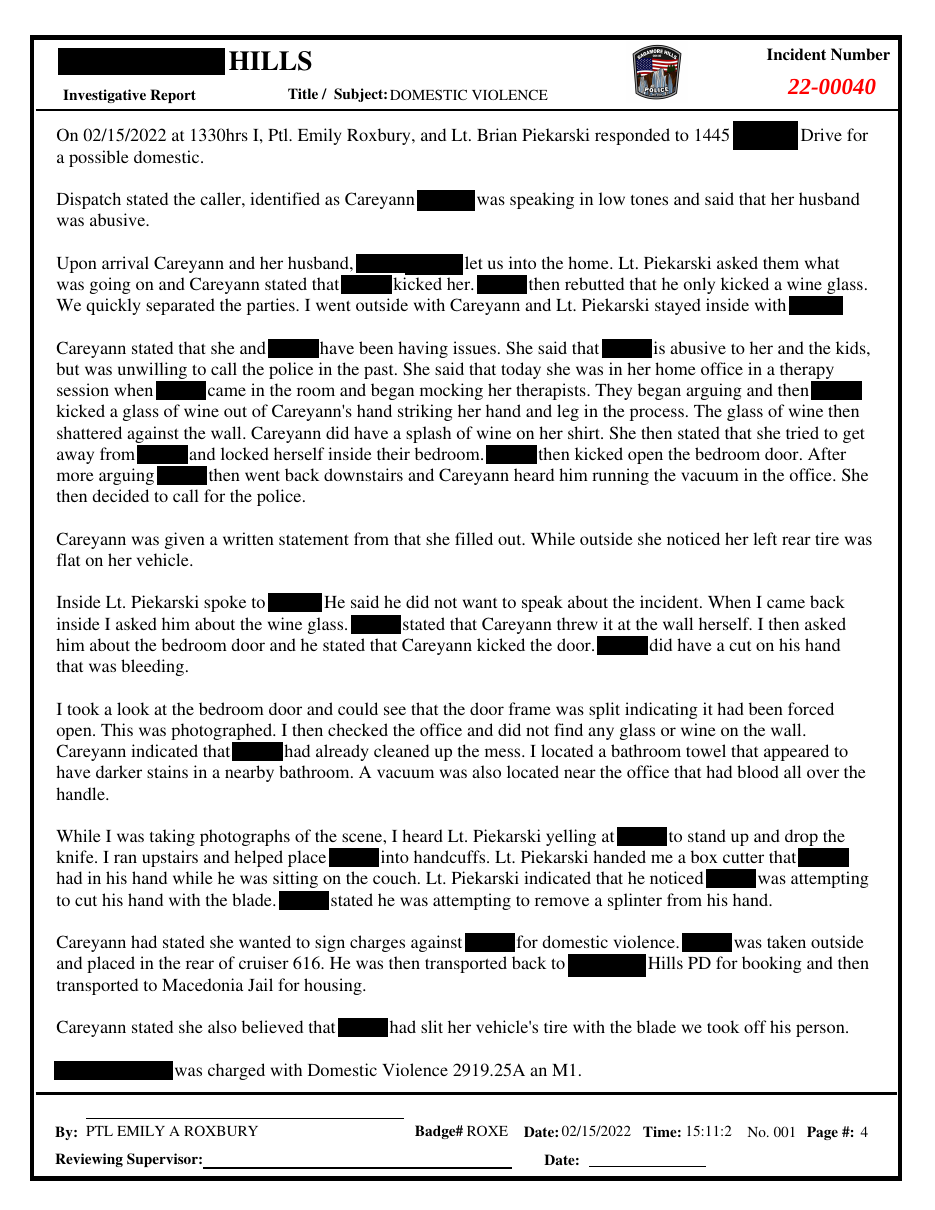 Sagamore Hills Police Department Investigative Report, Incident 22-00040, page 4 (February 15, 2022).