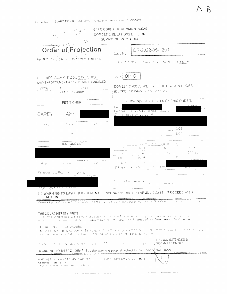 Ex parte Domestic Violence Civil Protection Order, DR-2022-05-1201, May 9, 2022. My sons were listed as protected persons. Names and dates of birth redacted.