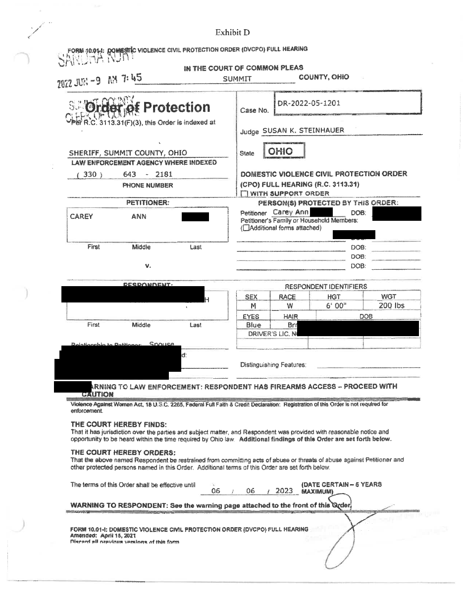 Full-hearing Domestic Violence Civil Protection Order, DR-2022-05-1201, June 9, 2022. The lines where my sons had been listed are blank. Personal identifiers redacted.