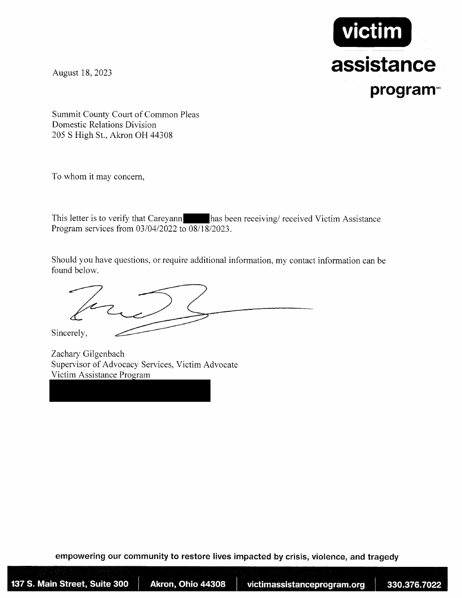 Victim Assistance Program letter to the Summit County Domestic Relations Court, August 18, 2023.