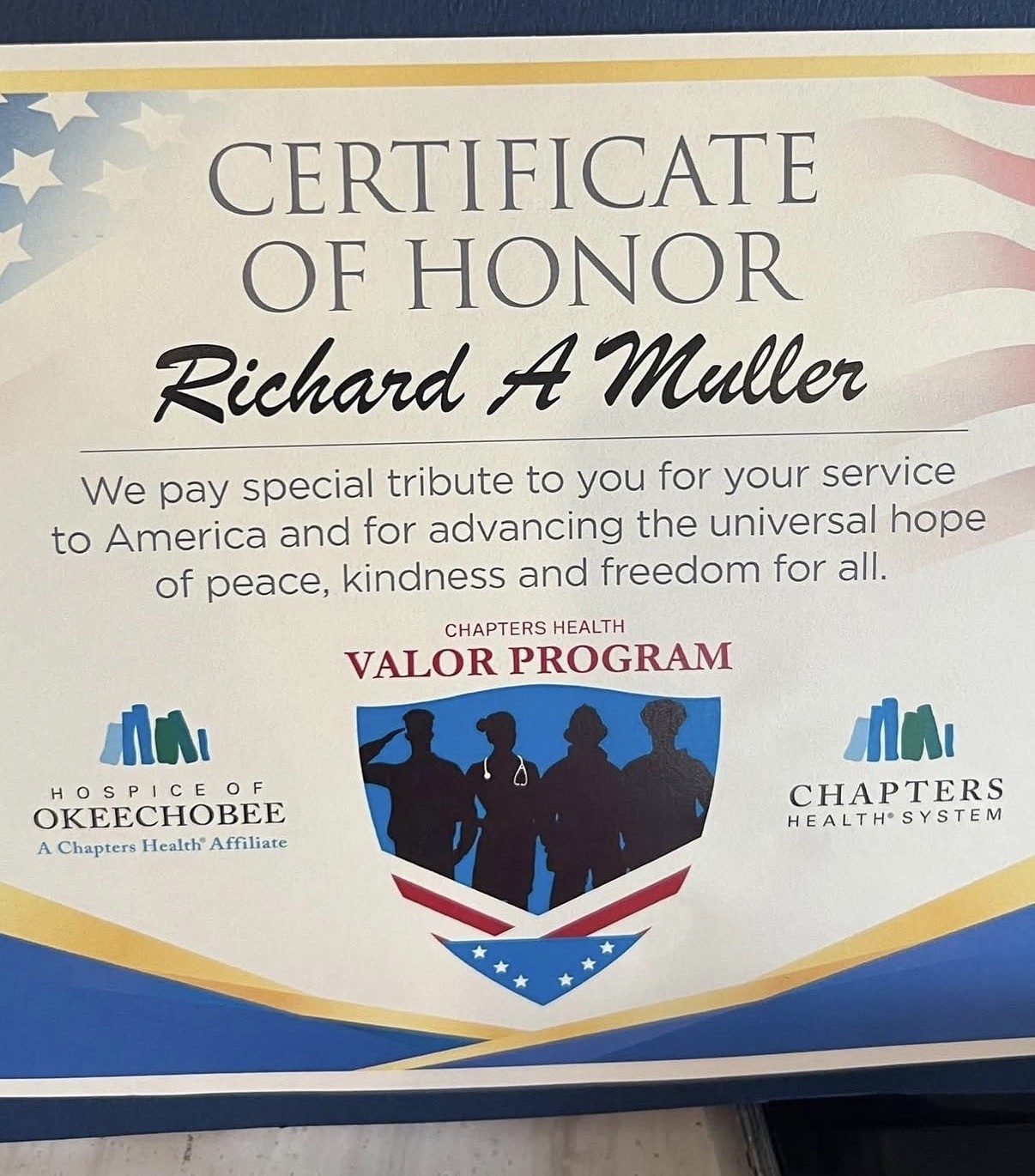 The Certificate of Honor my father received from Hospice of Okeechobee’s Valor Program.
