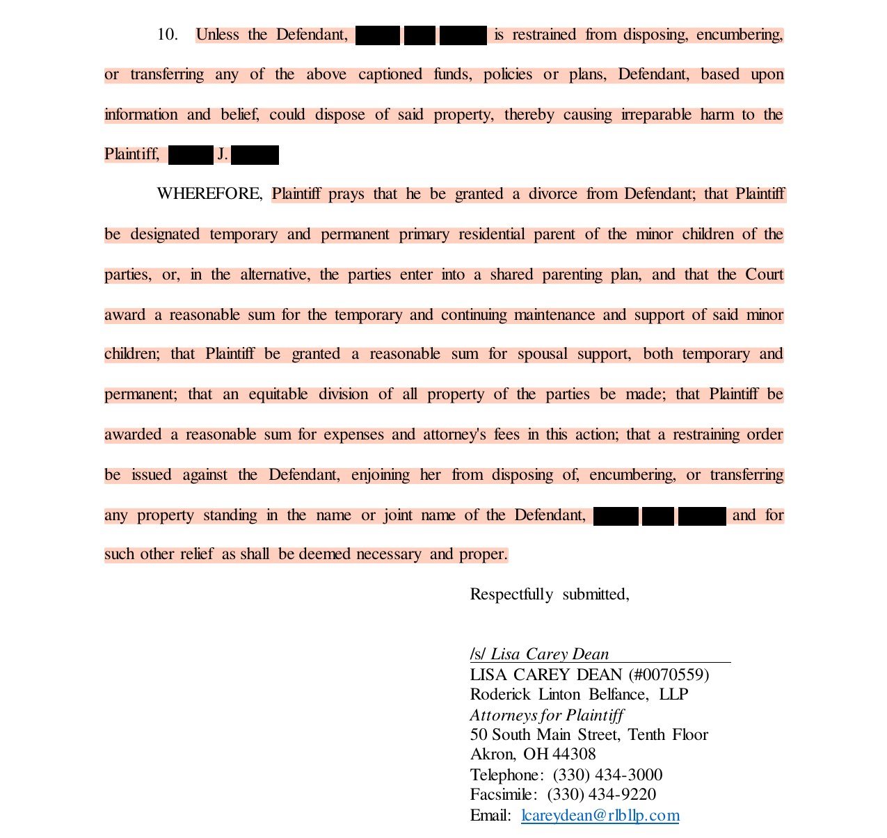Last page of the divorce complaint filed March 21, 2022, signed by Lisa Carey Dean. Party names are redacted.