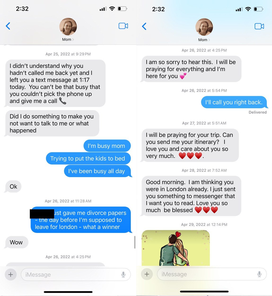My texts with my mother, April 25–28, 2022.