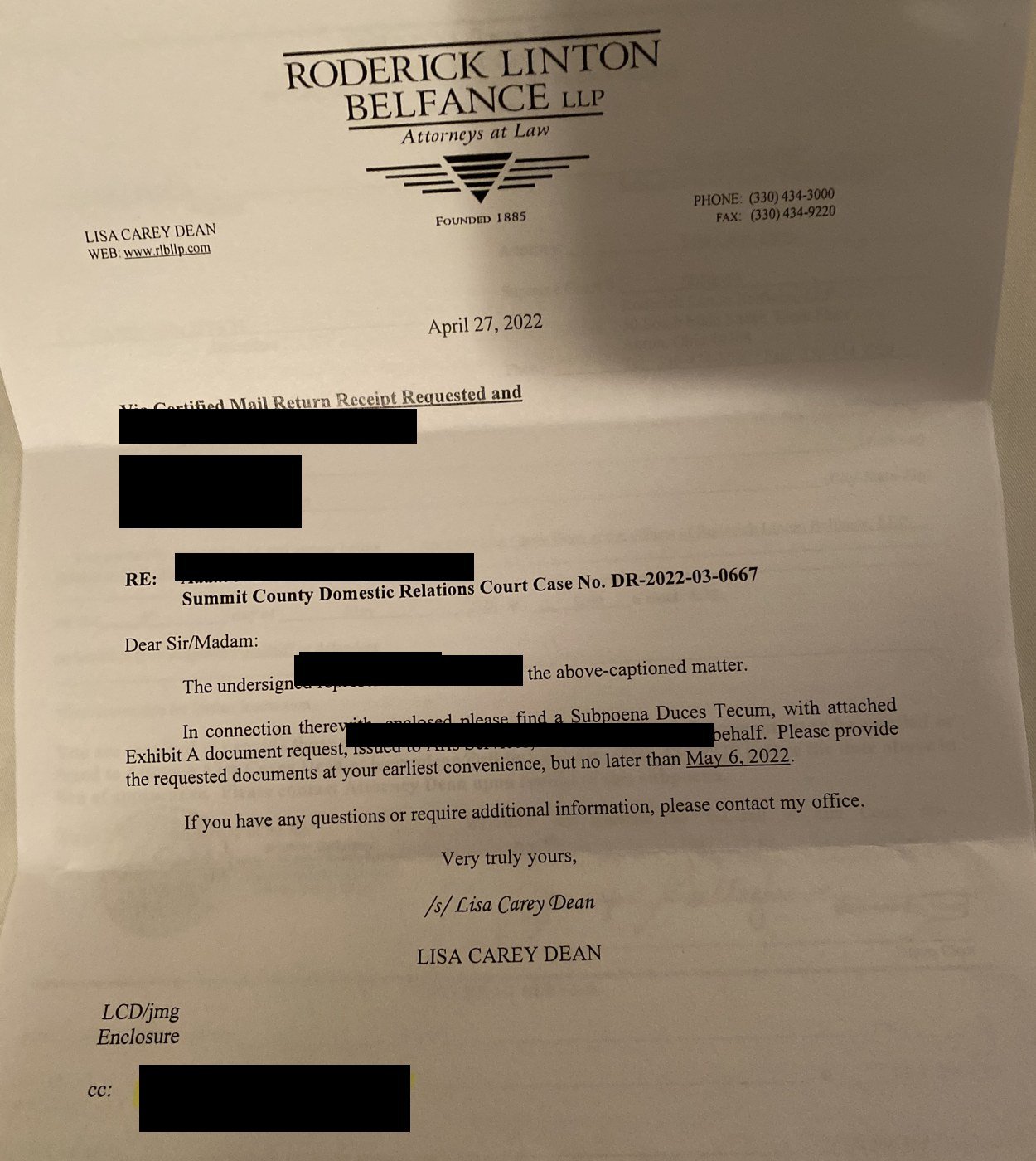 Lisa Carey Dean's April 27, 2022 cover letter enclosing a subpoena to my employer's payroll company. Names and the payroll company's details are redacted.
