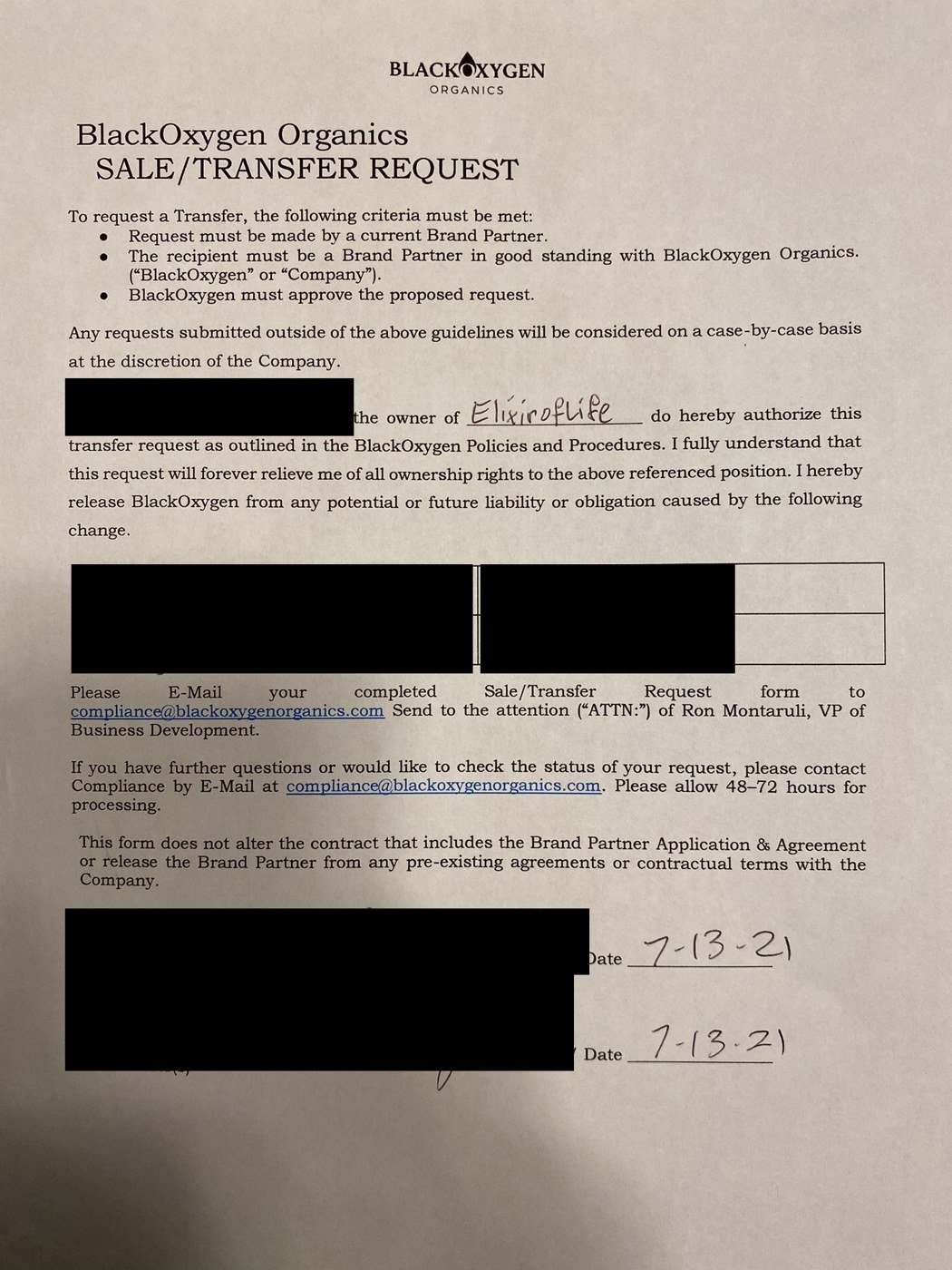 BlackOxygen Organics Sale/Transfer Request, signed and dated July 13, 2021, transferring my husband's position to me. Names, signatures and ID numbers are redacted.