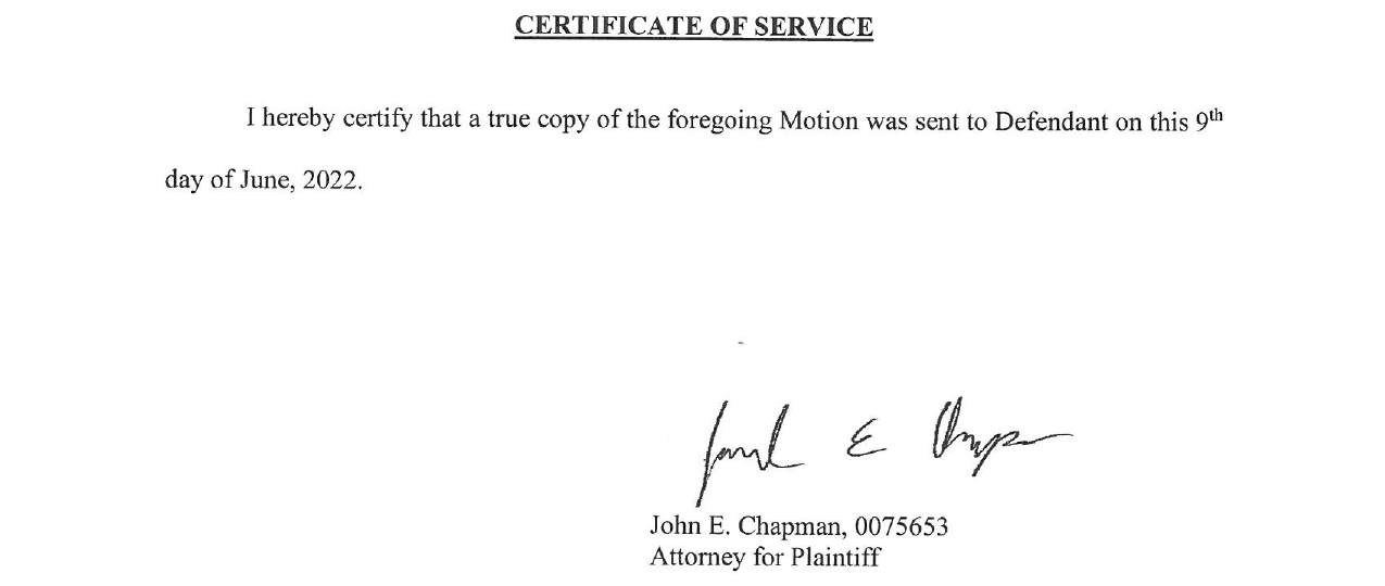 Stay motion certificate of service