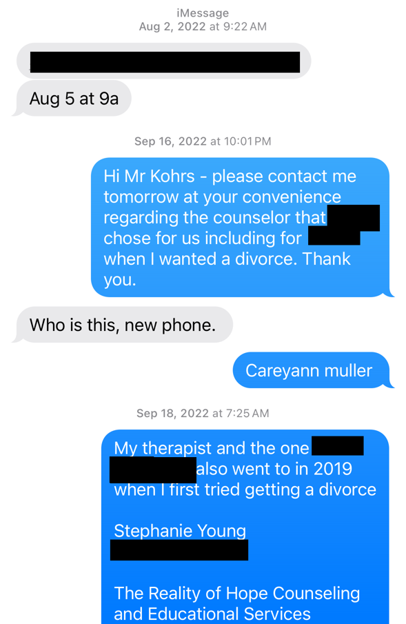 Texts with Attorney Kohrs, August 2 to September 18, 2022