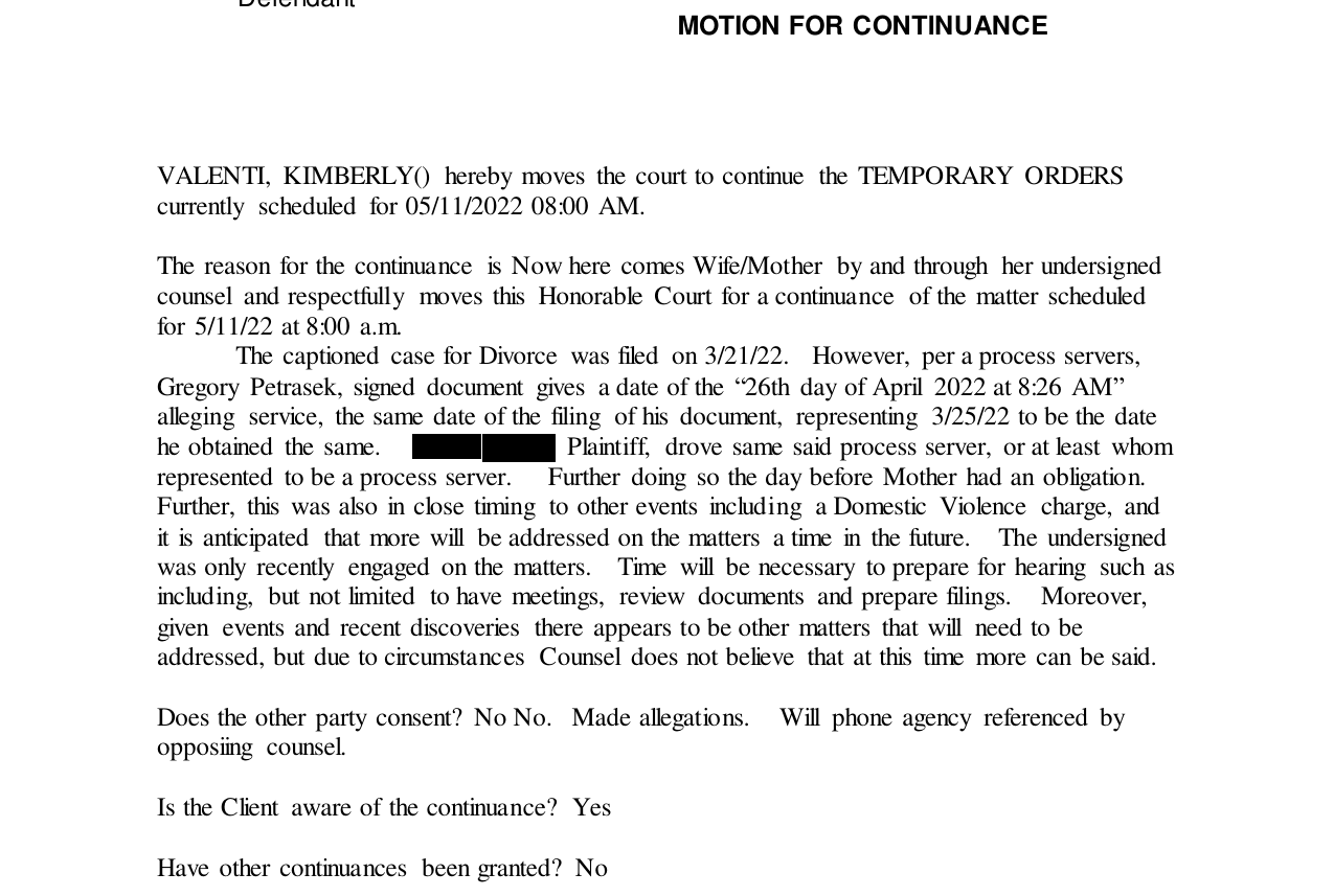 Excerpt of the May 10, 2022 motion for continuance filed by Kimberly Valenti