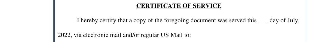 Certificate of service with blank date
