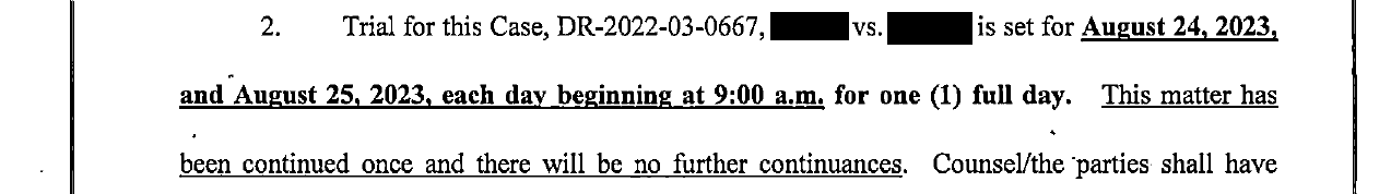 July 3, 2023 order trial date excerpt