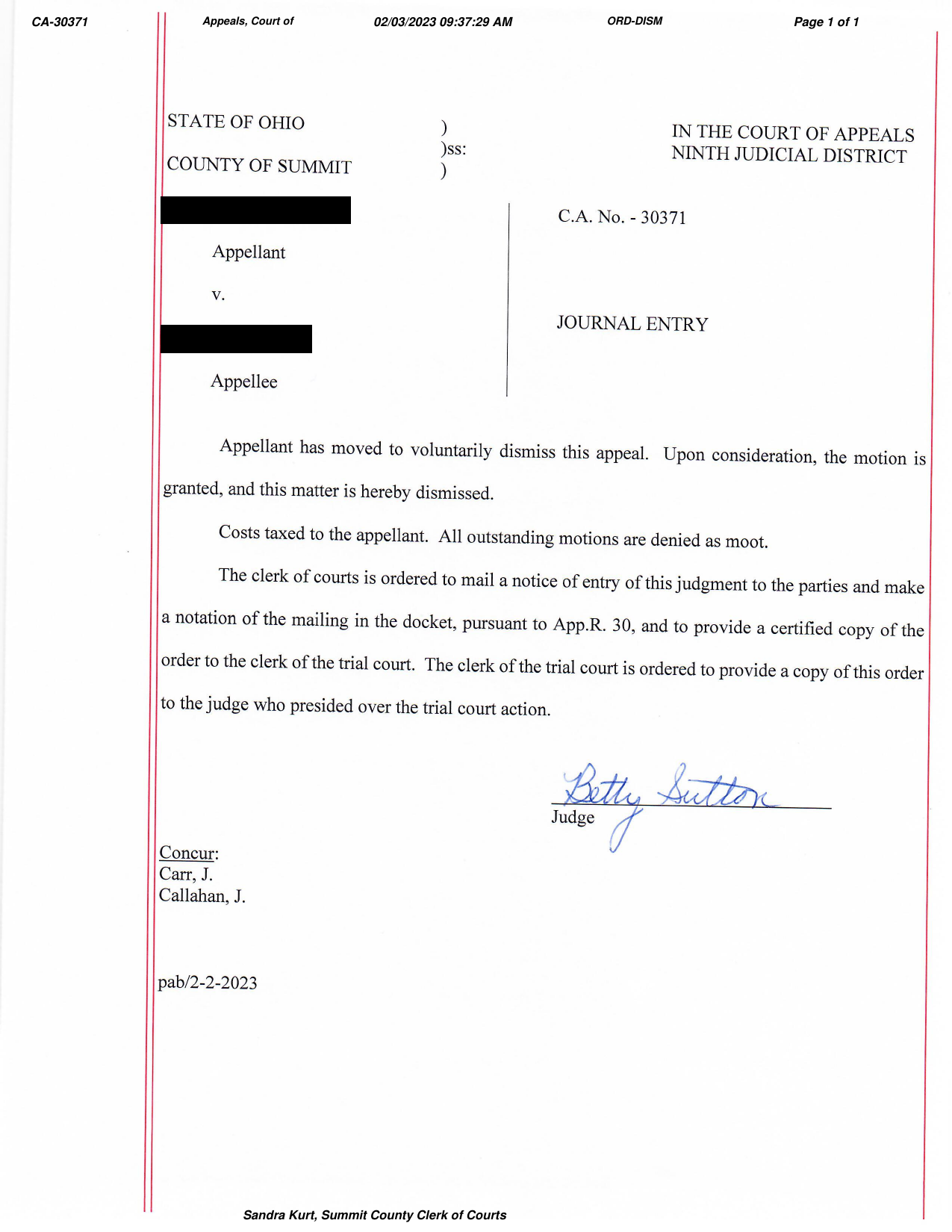 February 3, 2023 Ninth District journal entry dismissing appeal C.A. 30371, names redacted