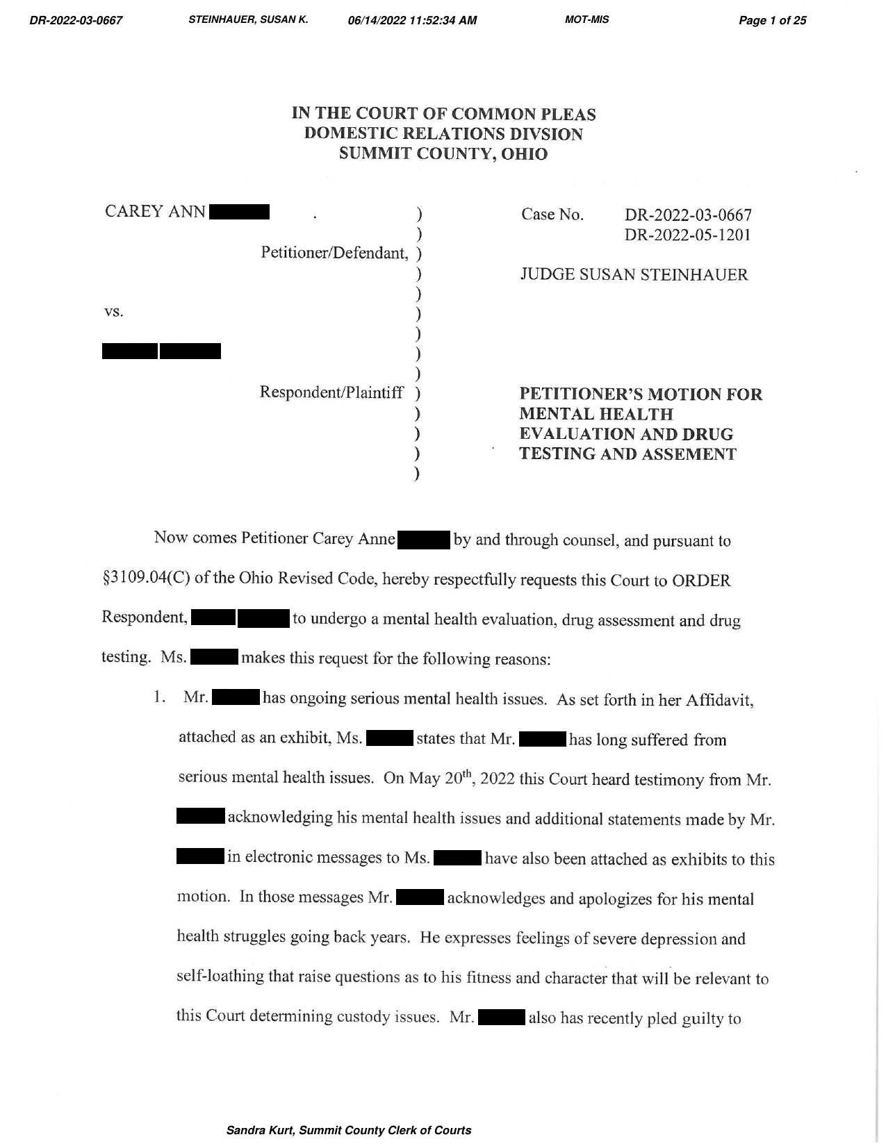 June 14, 2022 Petitioner's Motion for Mental Health Evaluation and Drug Testing, page 1, names redacted